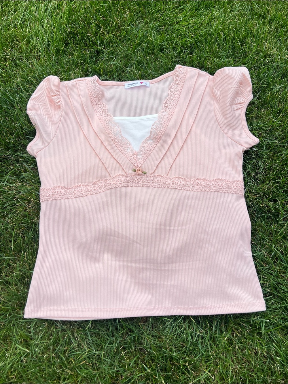 Beautees Soft Pink Lace-Trim Ribbed V-Neck Top